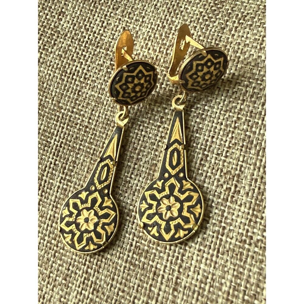 Vintage Damascene Dangle Drop Earrings Arabesque Geometric Gold Tone Pierced